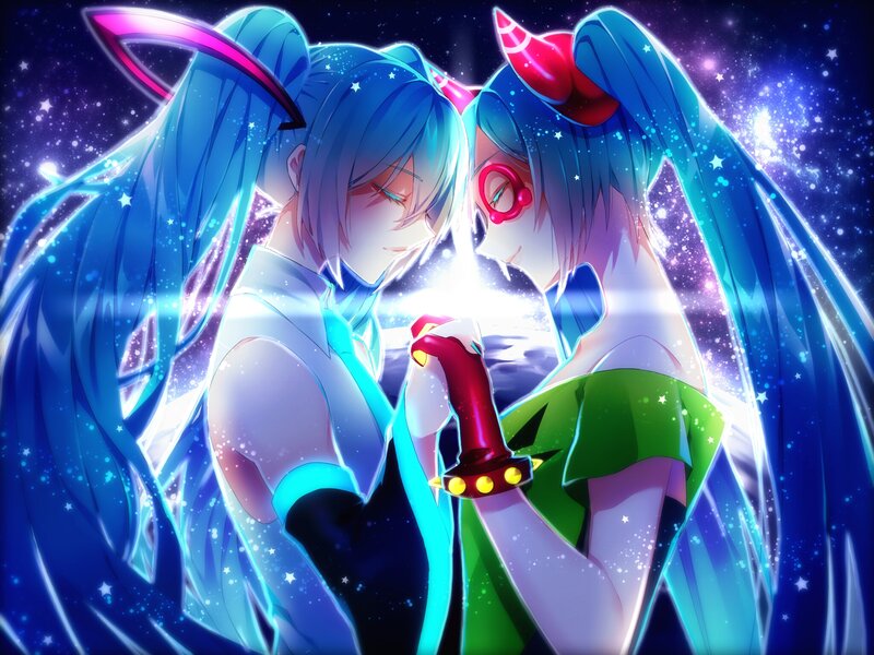 Two Anime Characters — Blue, Dramatic, Night, Digital Art, Stars, Space