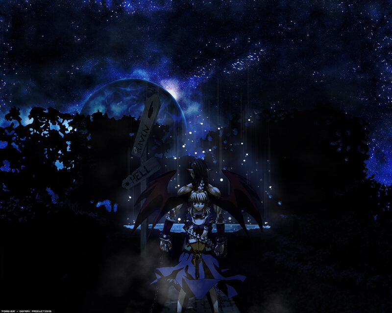 Two Anime Characters — Blue, Dramatic, Night, Digital Art, Wings