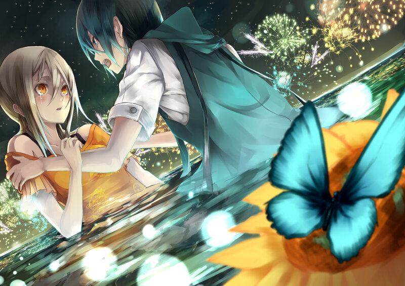 Two Anime Characters — Blue, Dramatic, Night, Fireworks, Butterfly