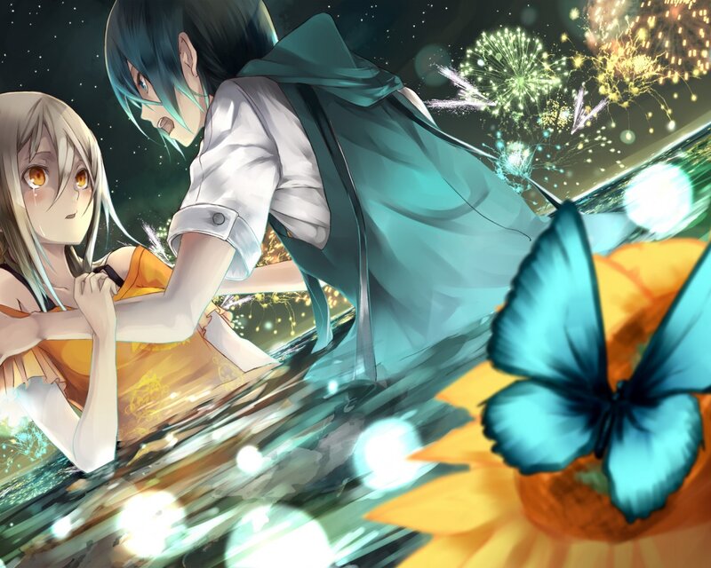 Two Anime Characters — Blue, Dramatic, Night, Fireworks