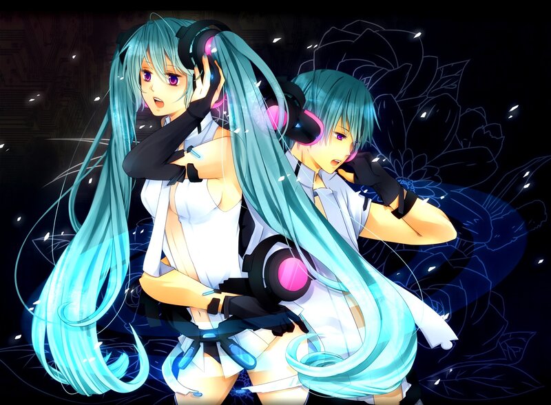 Two Anime Characters — Blue, Dramatic, Night, Headphones, Long Hair