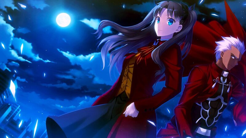 Two Anime Characters — Blue, Dramatic, Night, Moon, Cityscape
