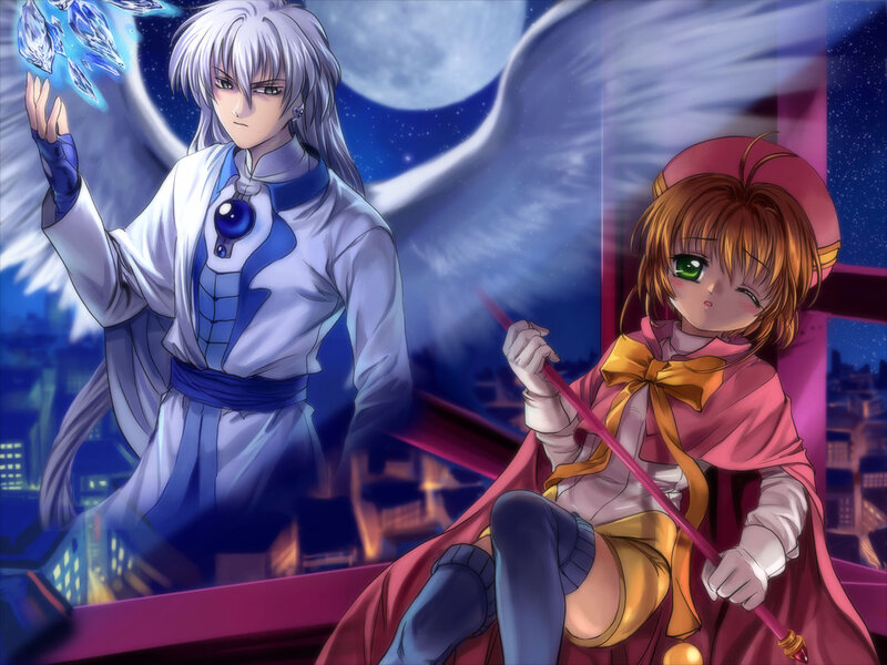 Two Anime Characters — Blue, Dramatic, Night, Moon, Cityscape, Wings