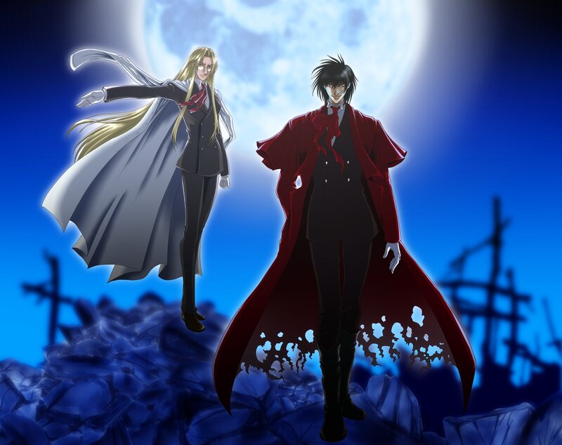 Two Anime Characters — Blue, Dramatic, Night, Moon, Graveyard