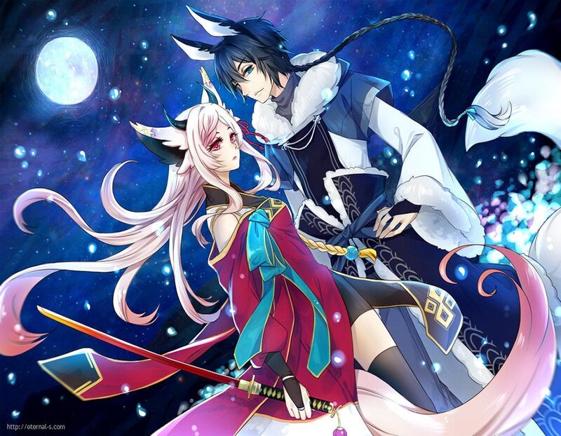 Two Anime Characters — Blue, Dramatic, Night, Moon, Stars, Swords