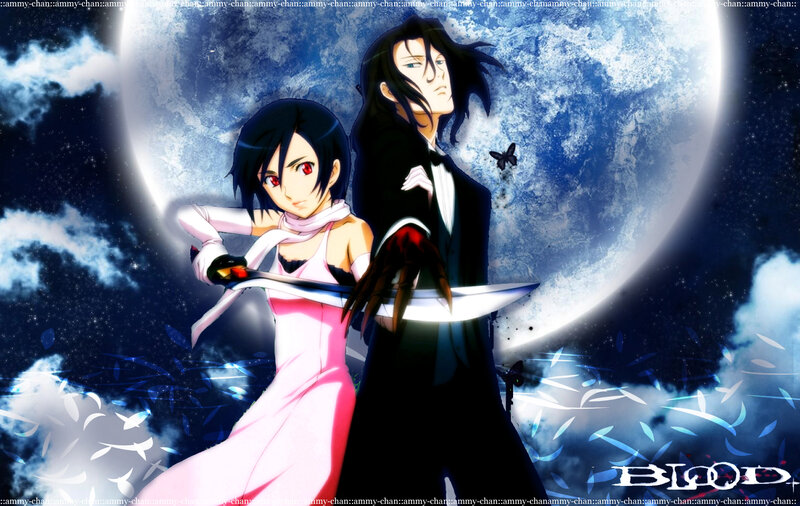 Two Anime Characters — Blue, Dramatic, Night, Moon, Sword