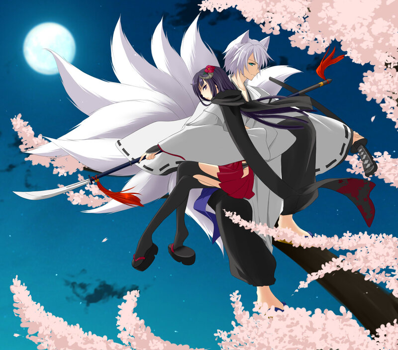Two Anime Characters — Blue, Dramatic, Night, Sakura Blossoms