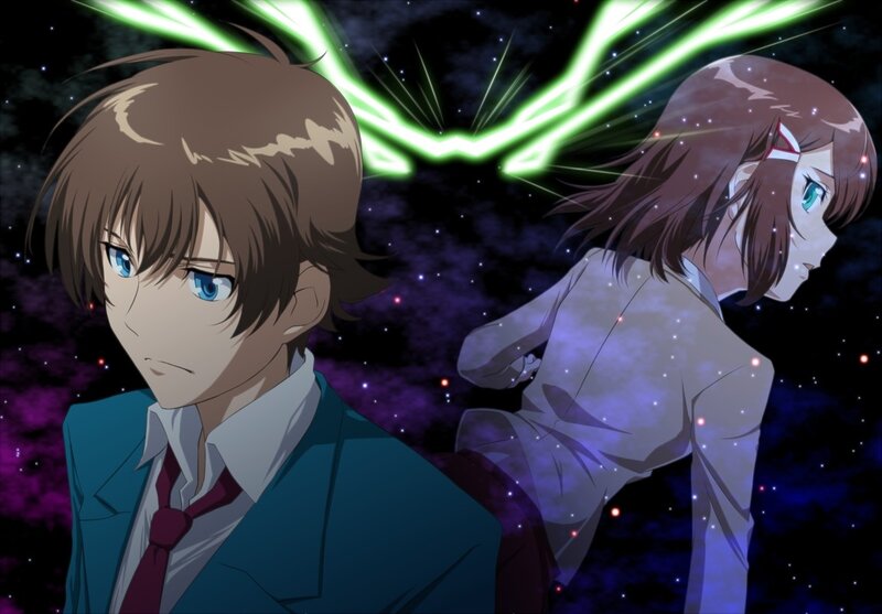 Two Anime Characters — Blue, Dramatic, Night, School Uniform, Space