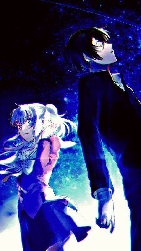 Two Anime Characters — Blue, Dramatic, Night, School Uniform