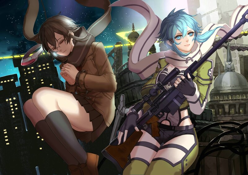 Two Anime Characters — Blue, Dramatic, Night, Sniper Rifle