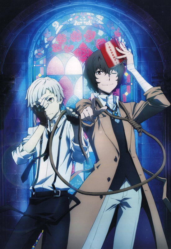 Two Anime Characters — Blue, Dramatic, Night, Stained Glass Window, Ropes