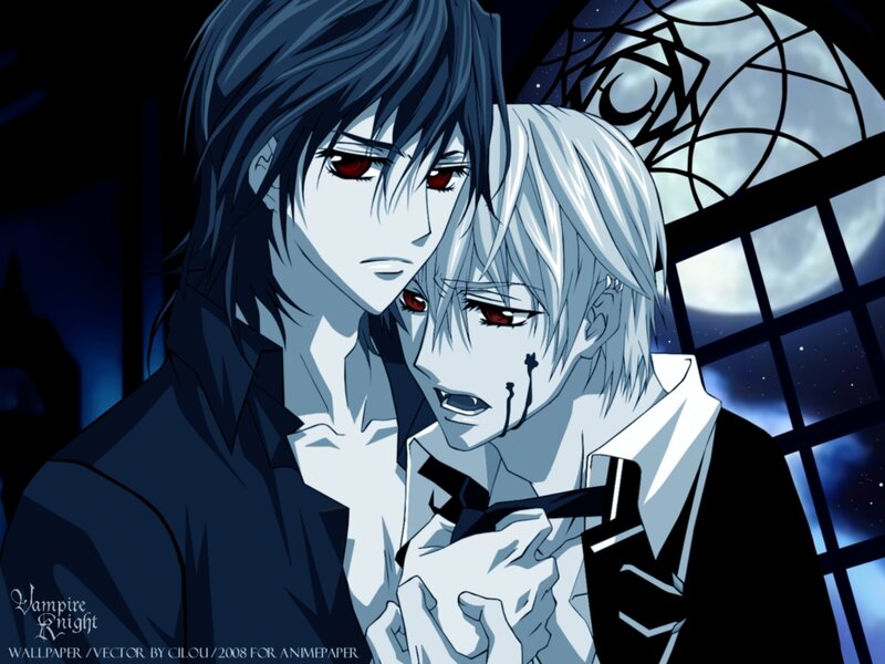 Two Anime Characters — Blue, Dramatic, Night, Stained Glass Window