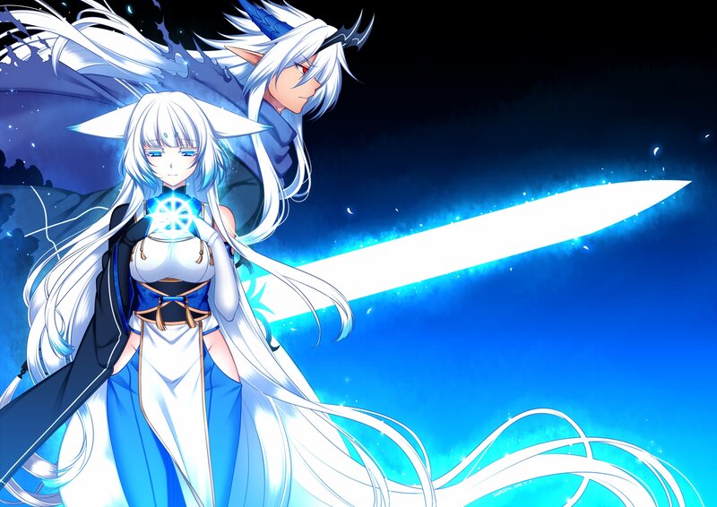 Two Anime Characters — Blue, Dramatic, Night, Sword, Magic