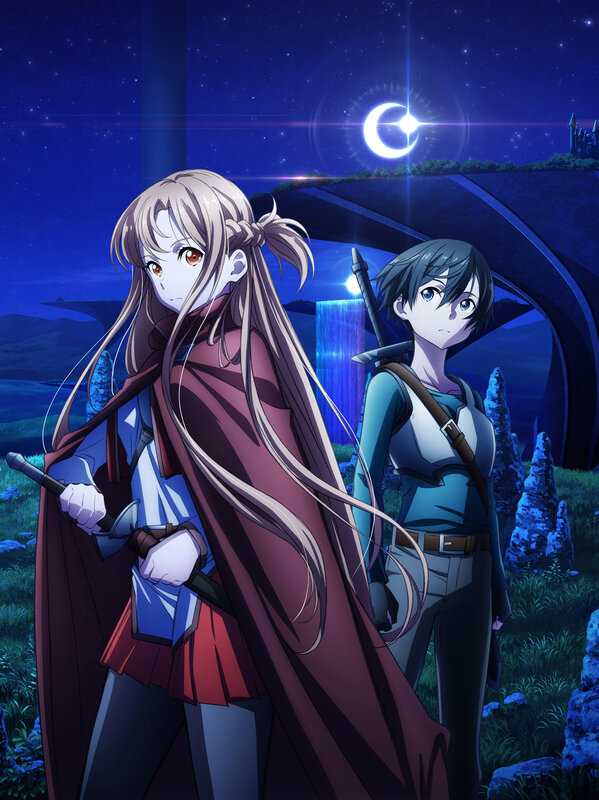 Two Anime Characters — Blue, Dramatic, Night, Sword, Moon, Night Sky