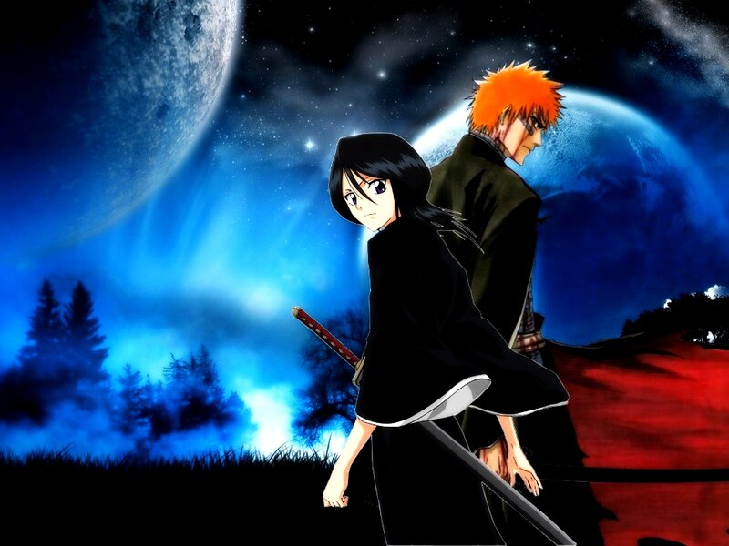 Two Anime Characters — Blue, Dramatic, Night, Sword, Moon