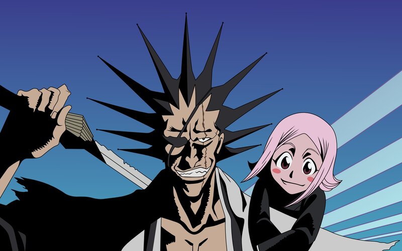 Two Anime Characters — Blue, Dramatic, Night, Sword, Spiky Hair, Pink Hair