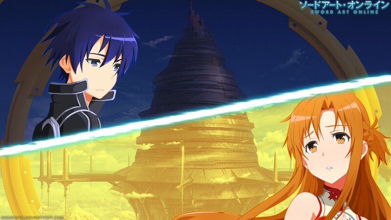 Two Anime Characters — Blue, Dramatic, Night, Sword, Tower