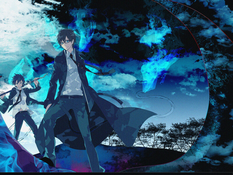 Two Anime Characters — Blue, Dramatic, Night, Swords, Blue Flames