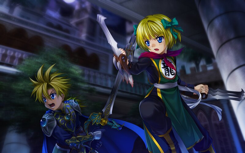 Two Anime Characters — Blue, Dramatic, Night, Swords, Castle