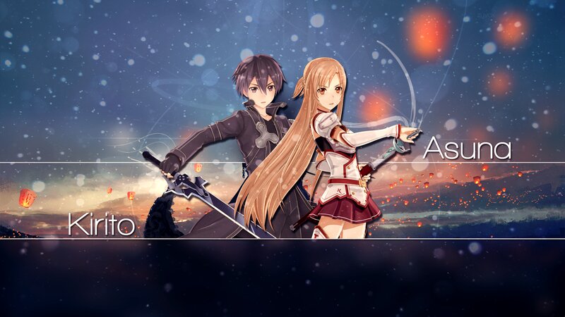 Two Anime Characters — Blue, Dramatic, Night, Swords, Lanterns, Sky