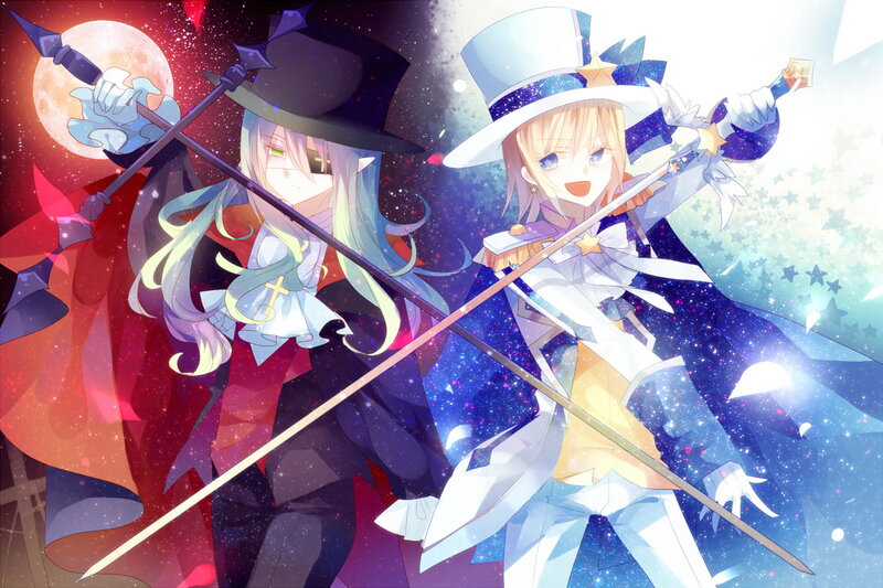 Two Anime Characters — Blue, Dramatic, Night, Swords, Moon