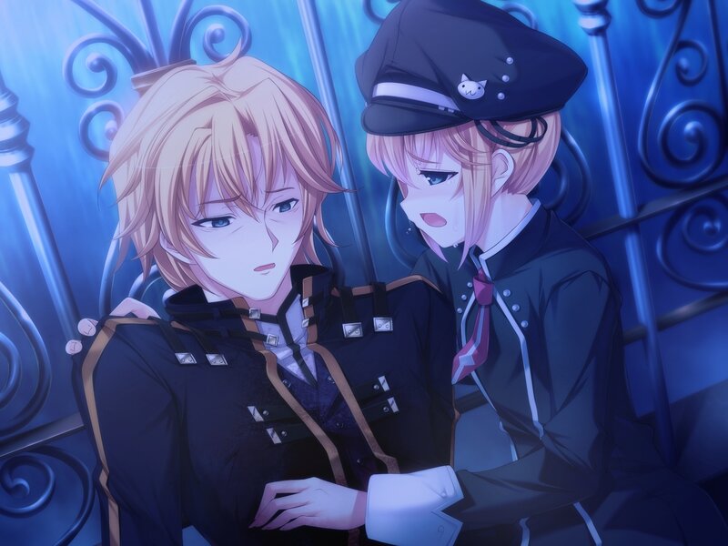 Two Anime Characters — Blue, Dramatic, Night, Uniforms, Hat