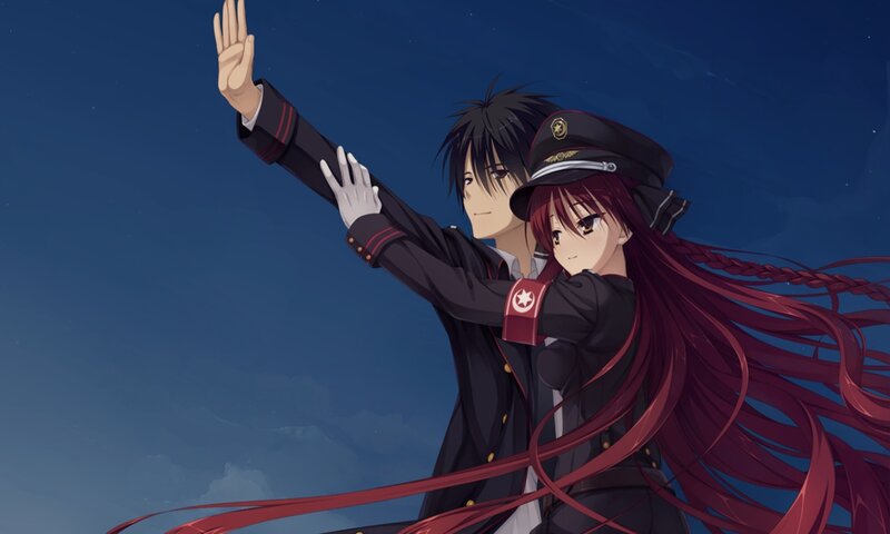 Two Anime Characters — Blue, Dramatic, Night, Uniforms, Long Hair