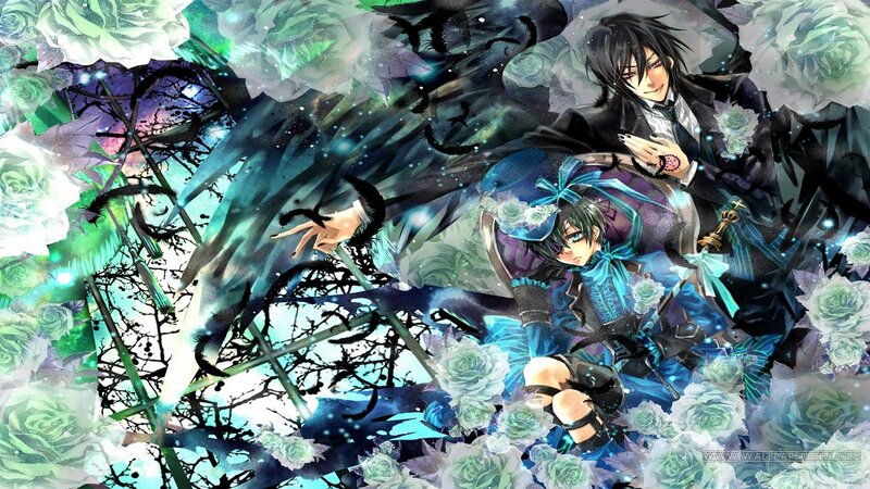 Two Anime Characters — Blue, Dramatic, Roses, Wings, Crows