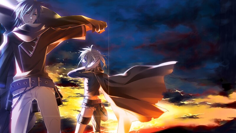 Two Anime Characters — Blue, Dramatic, Sunset, Cape, Sky, Orange, Yellow