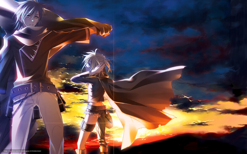 Two Anime Characters — Blue, Dramatic, Sunset, Cape, Sky