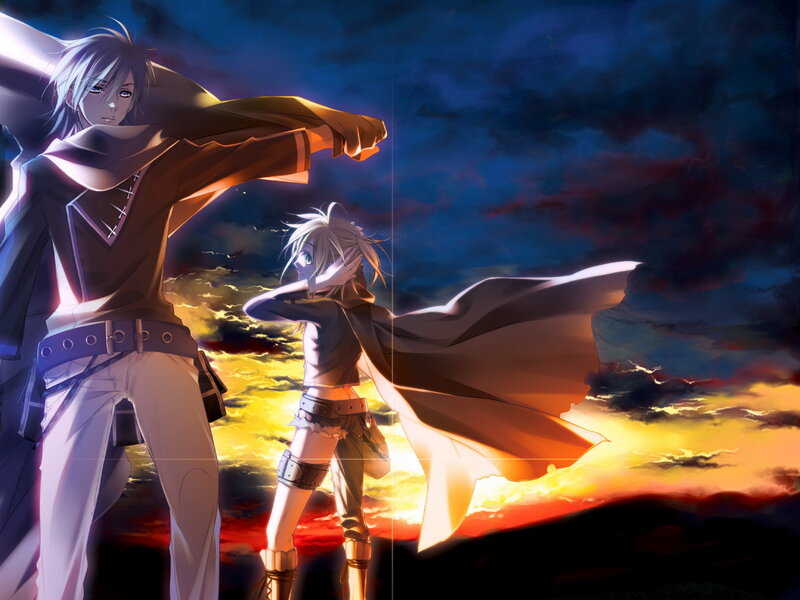 Two Anime Characters — Blue, Dramatic, Sunset, Cape