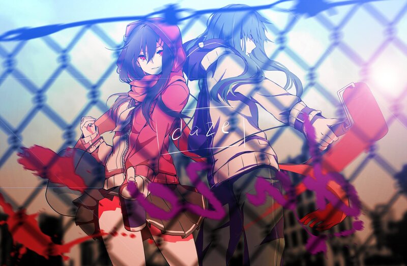 Two Anime Characters — Blue, Dramatic, Sunset, Chain-link Fence