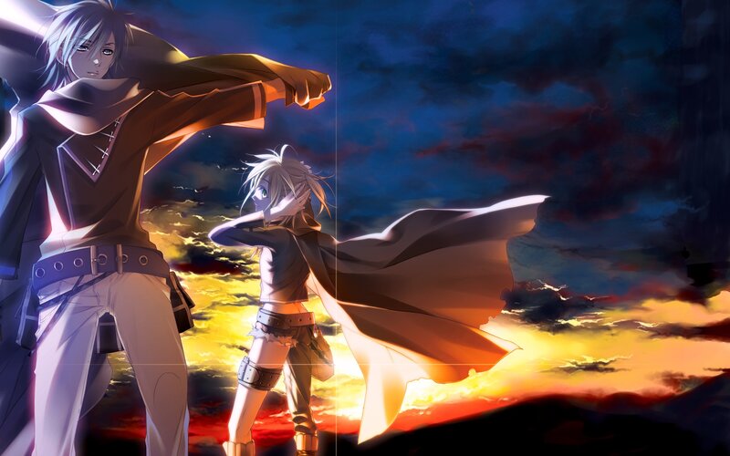 Two Anime Characters — Blue, Dramatic, Sunset, Clouds
