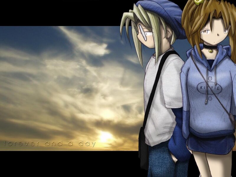 Two Anime Characters — Blue, Dramatic, Sunset, Sky, Backpack
