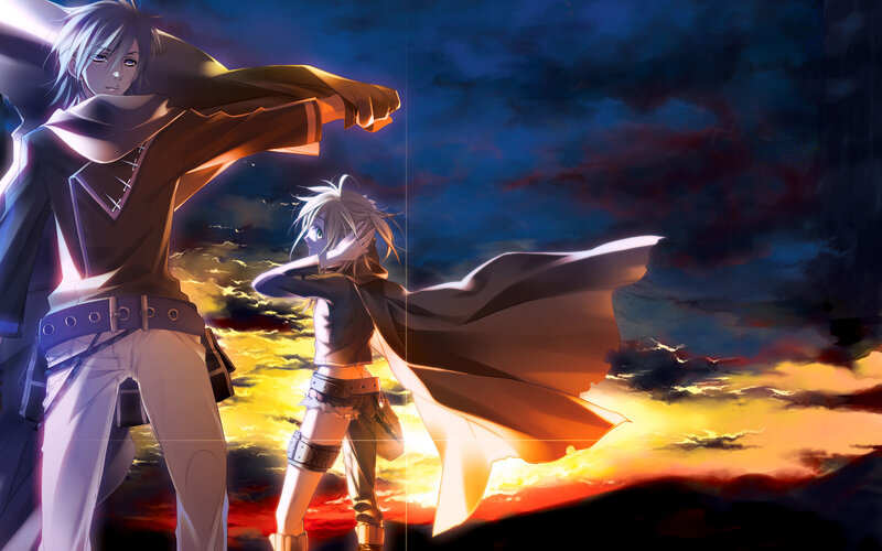 Two Anime Characters — Blue, Dramatic, Sunset