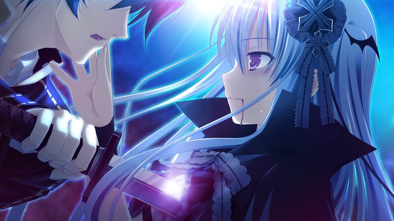 Two Anime Characters — Blue, Dramatic, Sword, Blood, Long Hair