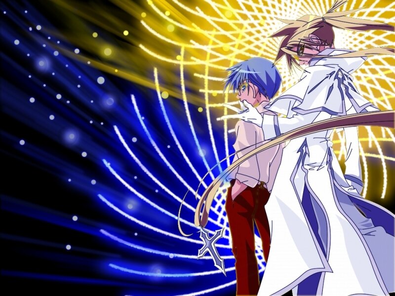 Two Anime Characters — Blue, Dramatic, Sword, Blue Hair