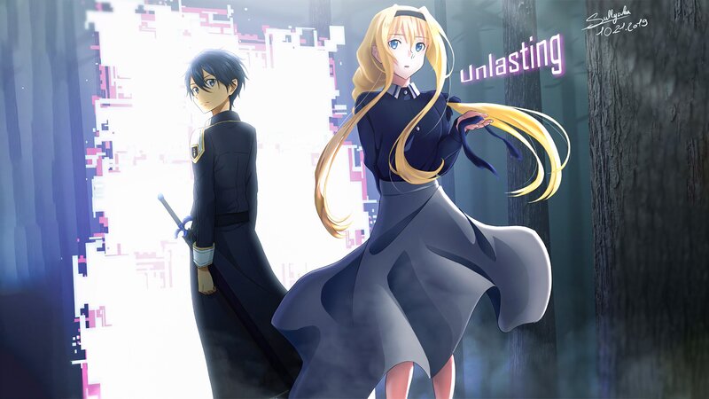 Two Anime Characters — Blue, Dramatic, Sword, Forest