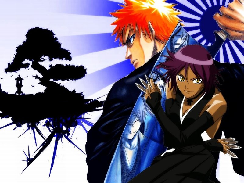 Two Anime Characters — Blue, Dramatic, Sword, Silhouette Tree