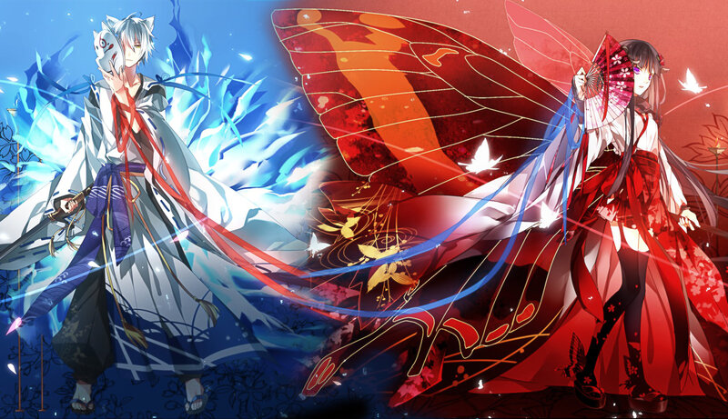 Two Anime Characters — Blue, Dramatic, Swords, Fans