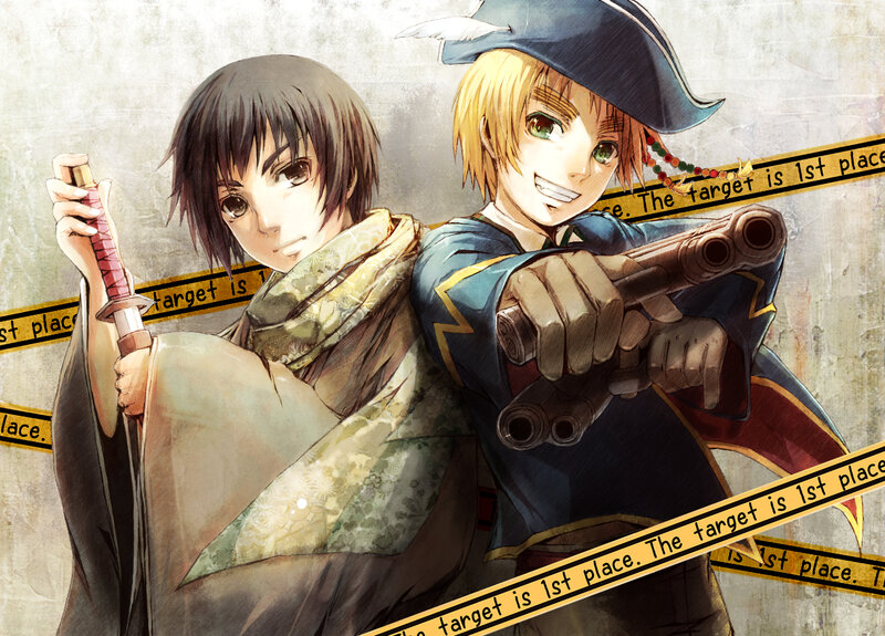 Two Anime Characters — Blue, Dramatic, Swords, Gun