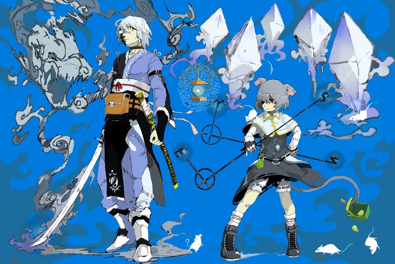 Two Anime Characters — Blue, Dramatic, Swords, Mice