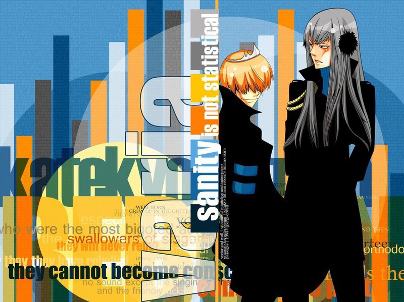 Two Anime Characters — Blue, Dramatic, Text, Cityscape