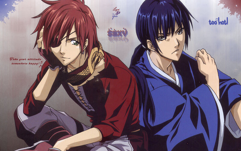 Two Anime Characters — Blue, Dramatic, Text, Eyepatch