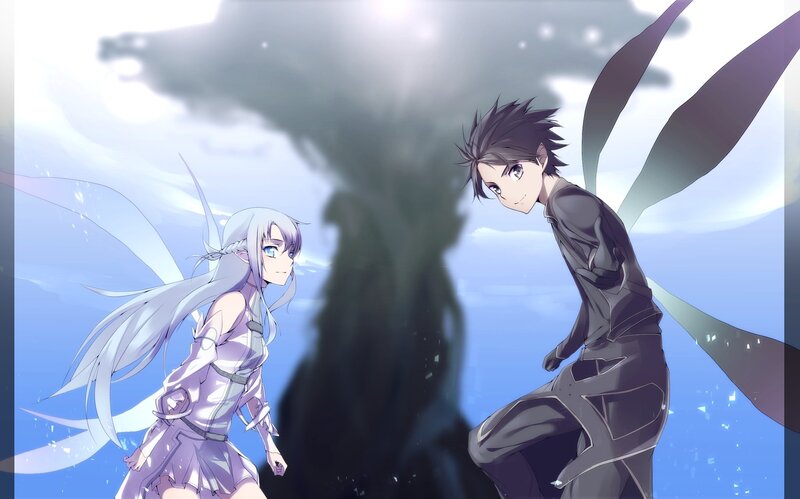 Two Anime Characters — Blue, Dramatic, Wings, Dark Figure, Sky