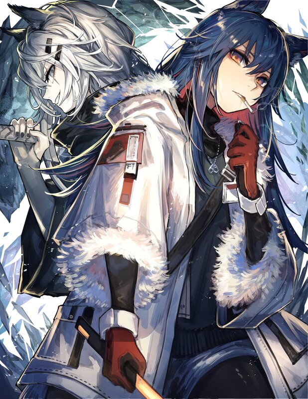 Two Anime Characters — Blue, Dramatic, Winter, Weapons