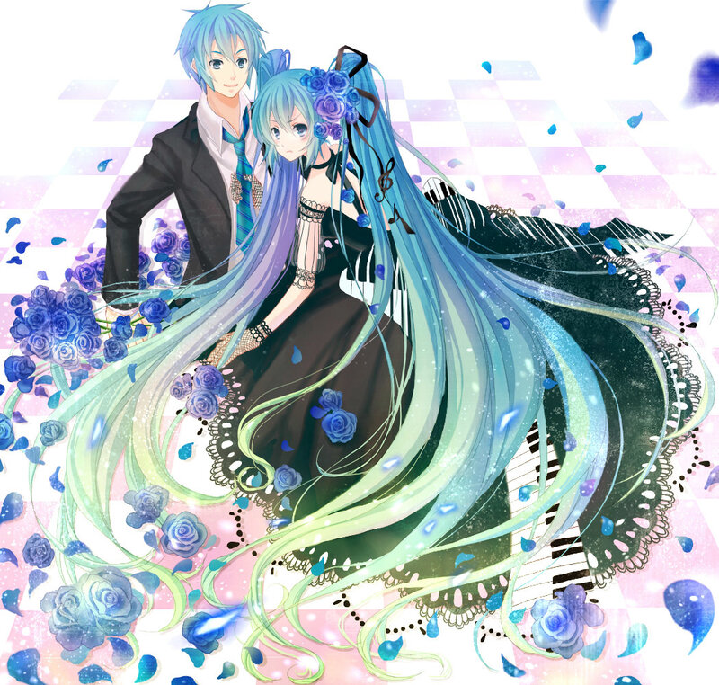 Two Anime Characters — Blue, Dreamy, Digital Art, Roses