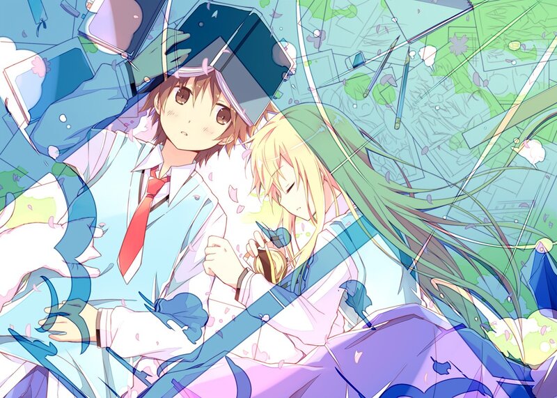 Two Anime Characters — Blue, Dreamy, Spring, School Uniform