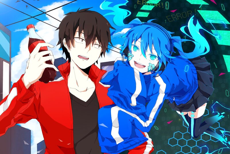 Two Anime Characters — Blue, Energetic, Afternoon, Bottle