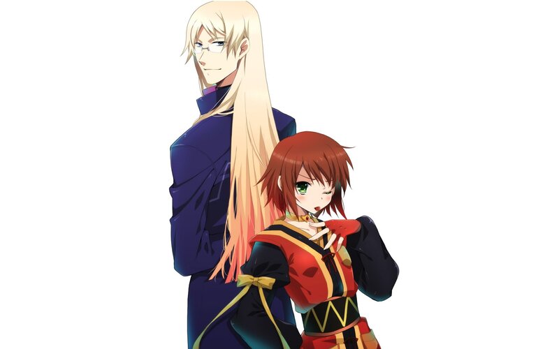 Two Anime Characters — Blue, Neutral, Glasses, Long Hair, Red Hair